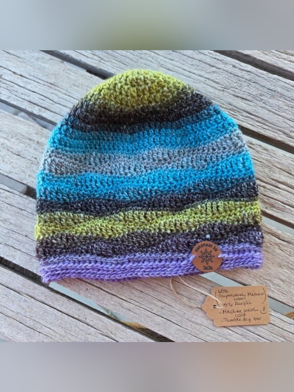 Artisan Handmade Crochet Lightweight Merino Wool Blend "Mountain Stream" Beanie - Picture 3 of 6